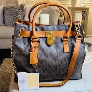 MICHAEL KORS Hamilton Large Lock Satchel Key Signature Tote -Brown